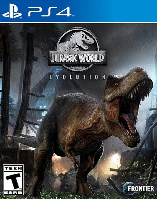 Jurassic World Evolution PlayStation 4 PS4 park management simulation video game building dinosaur theme park on five islands researching DNA creating dinosaurs from films containing herbivores carnivores enclosures guest facilities Sabertooth games front cover art