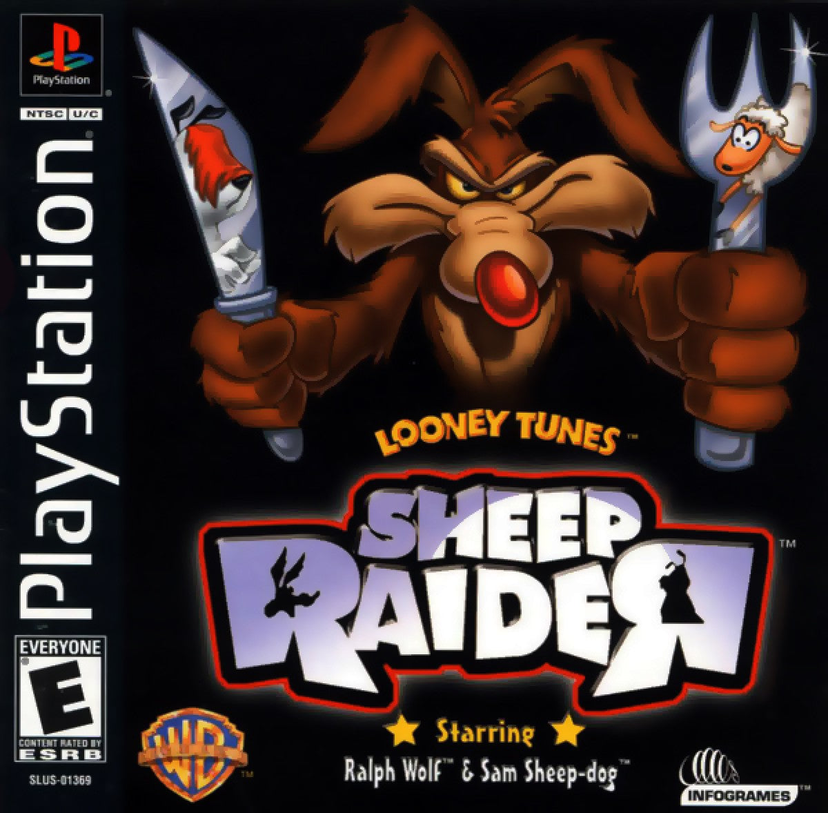 Sheep Raider game for the PlayStation featuring stealth puzzle gameplay as Ralph Wolf sneaks past Sam Sheepdog using gadgets disguises and environmental puzzles to capture sheep in a Looney Tunes themed setting front cover 