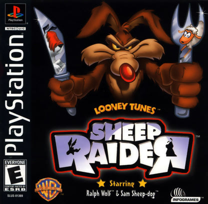 Sheep Raider game for the PlayStation featuring stealth puzzle gameplay as Ralph Wolf sneaks past Sam Sheepdog using gadgets disguises and environmental puzzles to capture sheep in a Looney Tunes themed setting front cover 