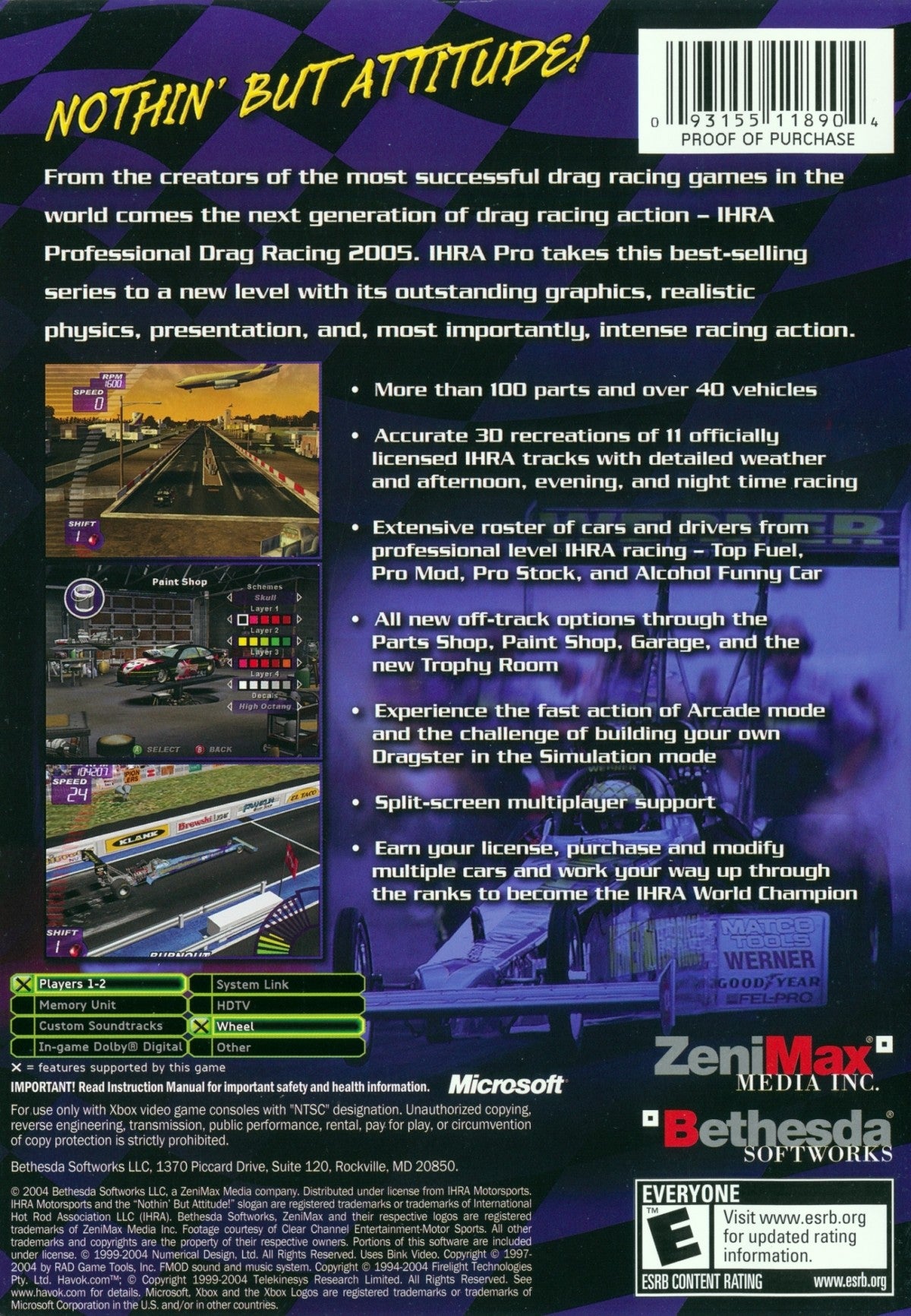 IHRA Professional Drag Racing 2005 for original Xbox drag racing simulation game featuring licensed IHRA tracks pro stock funny car top fuel classes career mode realistic quarter mile racing back cover
