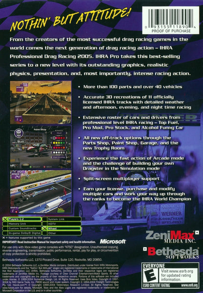 IHRA Professional Drag Racing 2005 for original Xbox drag racing simulation game featuring licensed IHRA tracks pro stock funny car top fuel classes career mode realistic quarter mile racing back cover