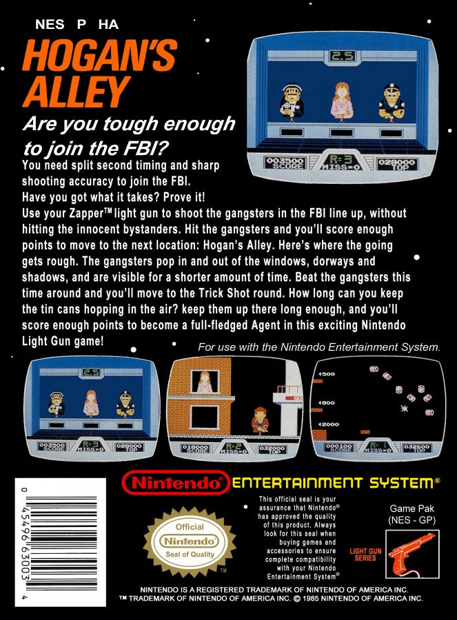 Hogan's Alley 5 Screw Nintendo Entertainment System NES video game featuring light gun shooting gameplay target practice wild west shooting gallery gangster and civilian targets quick reflex challenges classic 8 bit Nintendo action retro video game collection collectible gaming appeal back cover art