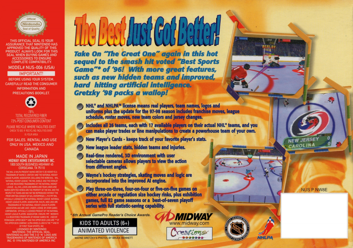 Wayne Gretzkys 3D Hockey 98 back cover art for Nintendo 64 N64 video game