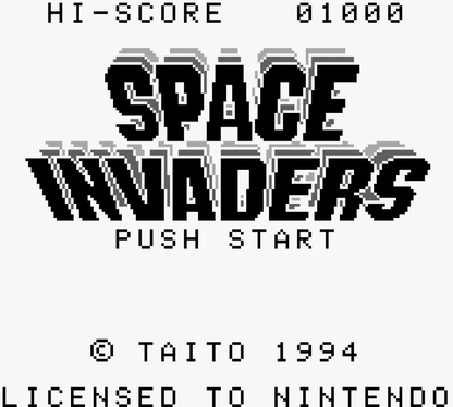 Space Invaders for Game Boy, title screen for an arcade shooter video game with alien invasion gameplay, wave-based enemies, score challenges, and classic retro action