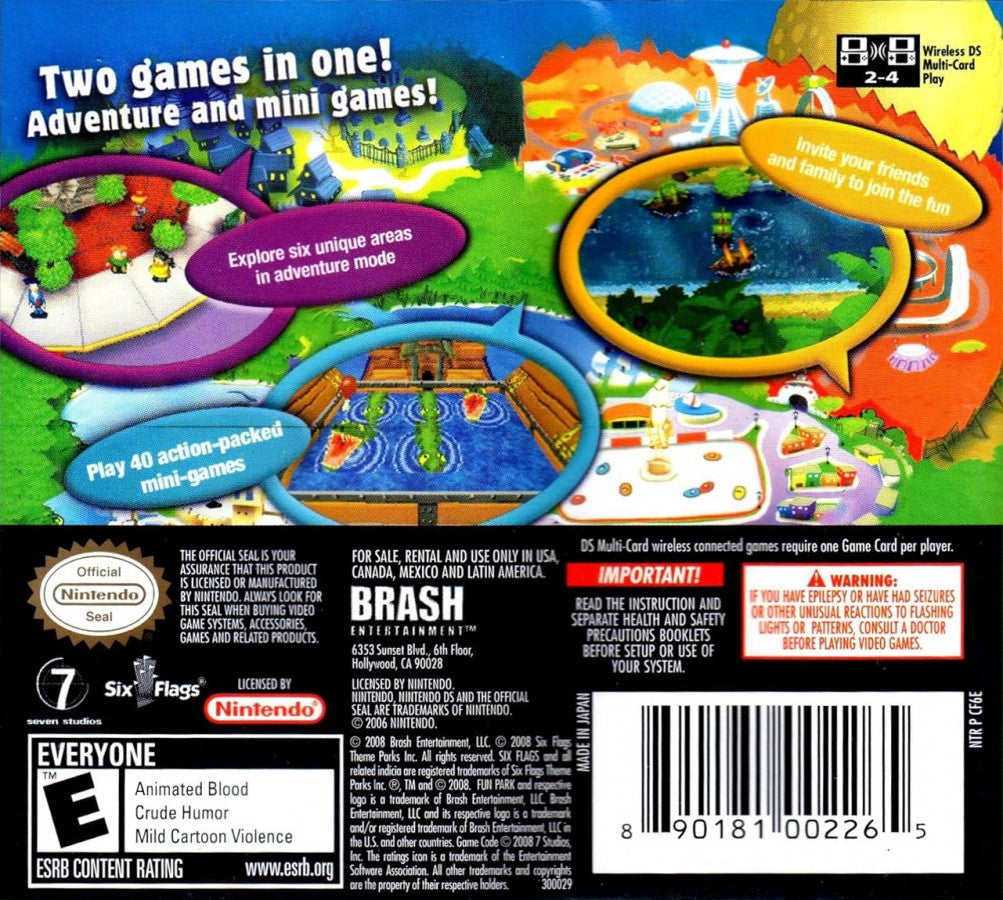 Six Flags Fun Park party simulation back of case for Nintendo DS (DS) video game