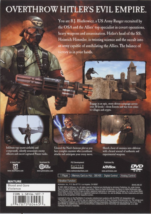 Return to Castle Wolfenstein: Operation Resurrection – PlayStation 2 (PS2) video game back of case, first-person shooter.