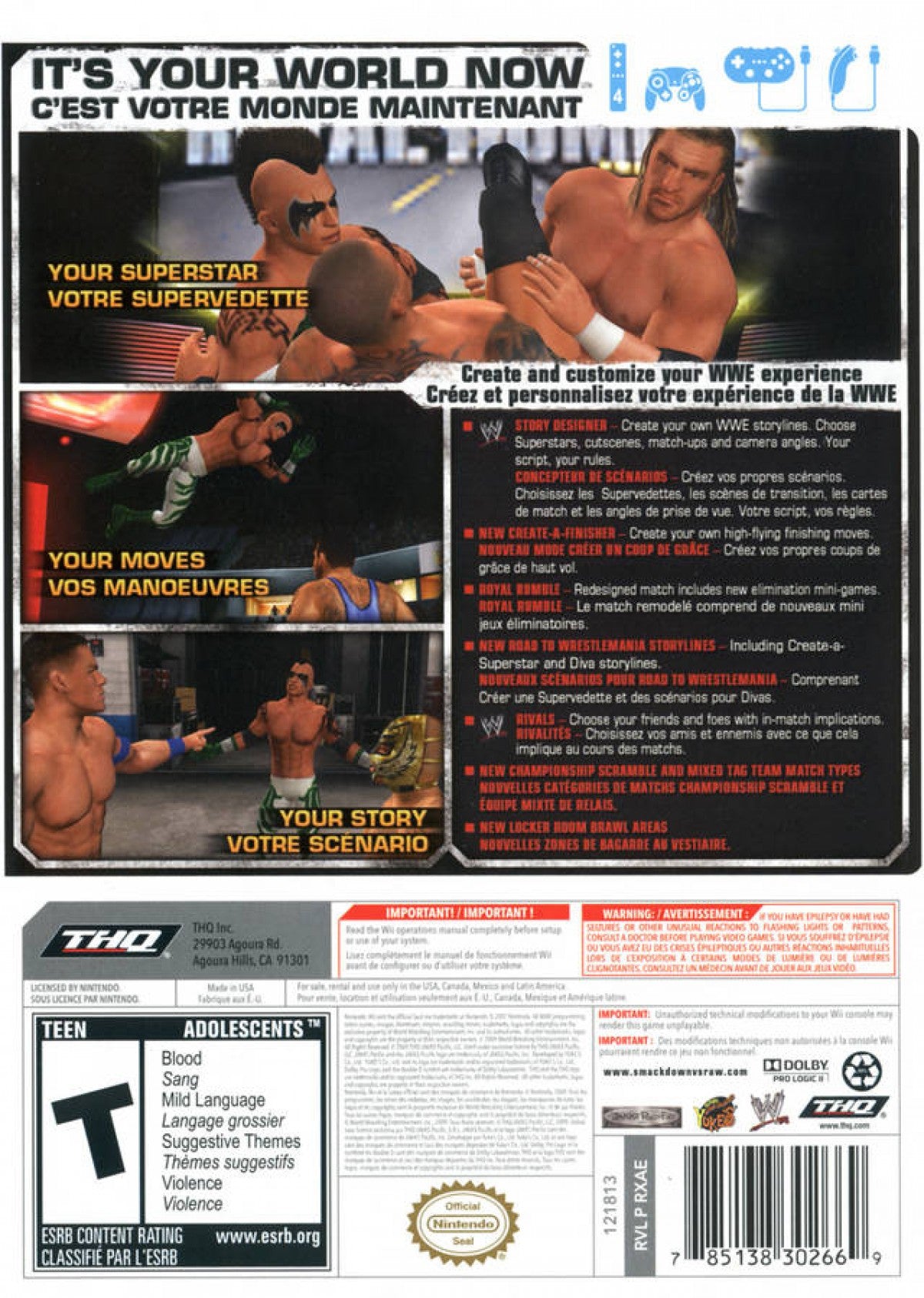 WWE SmackDown vs. Raw 2010 back cover art for Nintendo Wii (Wii) featuring authentic wrestling action with WWE superstars, customizable storylines, and motion‑controlled matches.