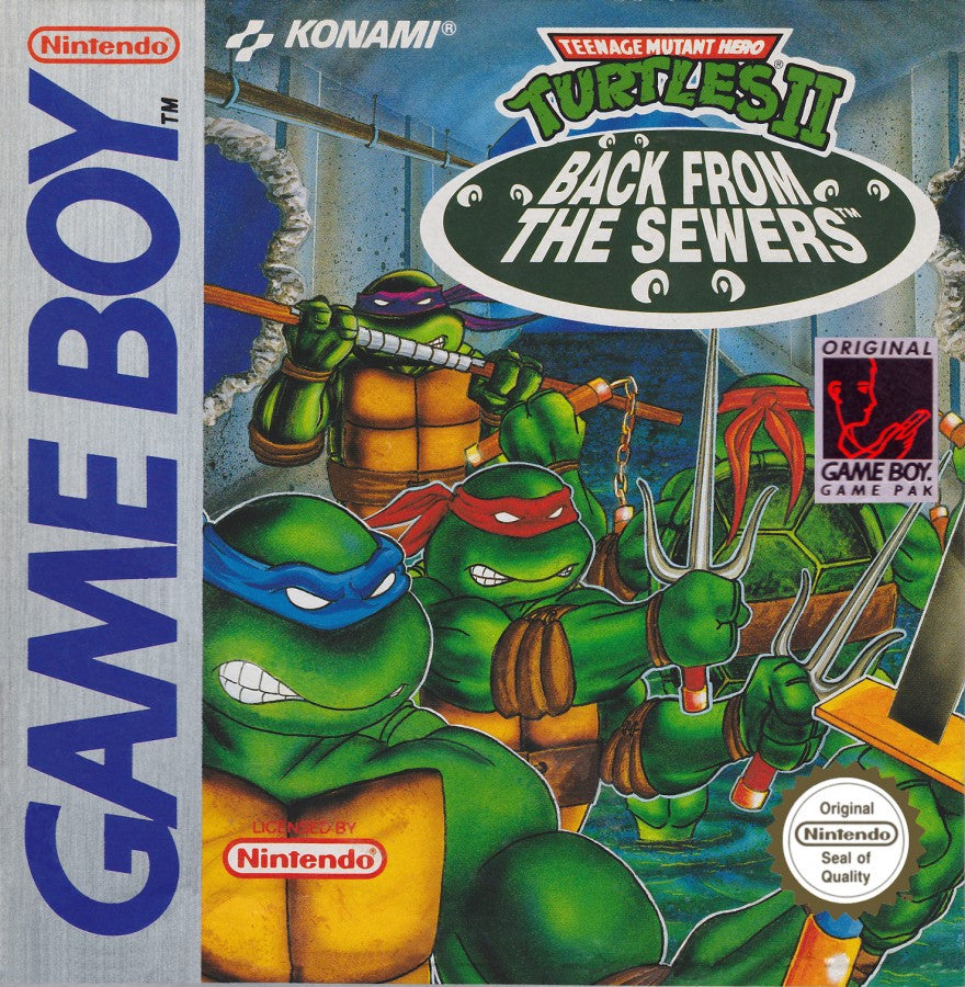 Teenage Mutant Ninja Turtles II Back from the Sewers Nintendo Game Boy GB for retro video game enthusiasts featuring side scrolling action platforming gameplay iconic TMNT heroes beat em up combat challenging enemy encounters classic handheld adventure and collectible gaming appeal cover art