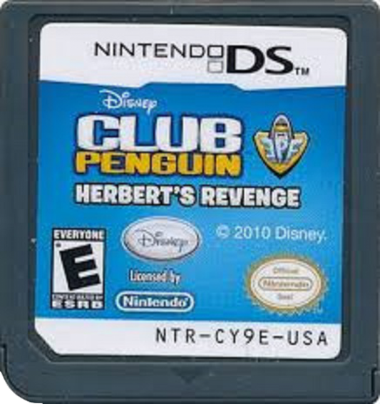 Club Penguin Herberts Revenge for Nintendo DS, cartridge for an action-adventure video game with puzzle-solving, spy missions, mini-games, and cartoon-style gameplay