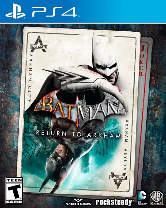 Batman Return to Arkham PlayStation 4 PS4 for action adventure video game fans featuring Batman Arkham Asylum and Batman Arkham City remastered gameplay Gotham City exploration stealth combat detective investigations iconic villains gadget abilities challenging missions and immersive DC Comics superhero action collectible gaming appeal front cover art