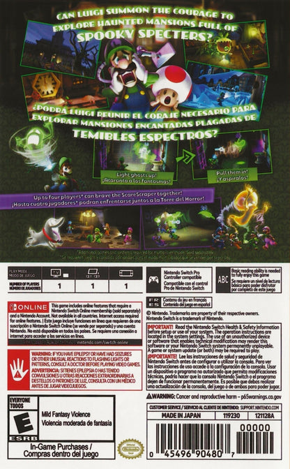 Luigi's Mansion 2 HD Nintendo Switch for retro video game enthusiasts featuring ghost hunting action adventure gameplay puzzle solving haunted mansion exploration Poltergust ghost capturing mechanics charming Nintendo characters cooperative inspired challenges and collectible gaming appeal back cover