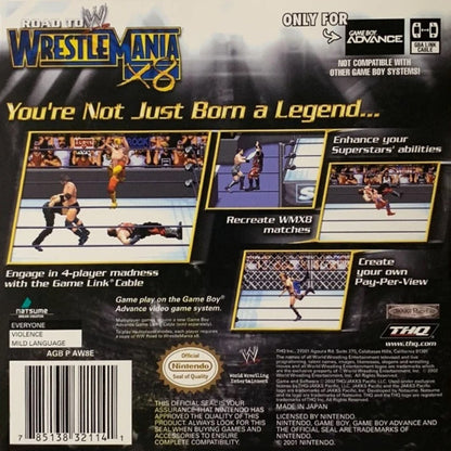 WWE Road to WrestleMania X8 Game Boy Advance GBA video game featuring professional wrestling gameplay WWE superstars championship matches signature wrestling moves grappling attacks finishing moves ring combat tournament challenges WrestleMania storyline and classic Nintendo handheld sports entertainment action retro video game collection collectible gaming appeal back cover art