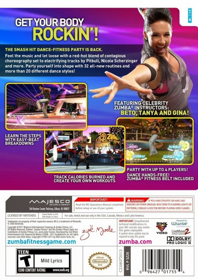 Zumba Fitness 2 video game featuring dance workout gameplay energetic Zumba routines fitness tracking multiplayer support and interactive exercise fun for console players back cover