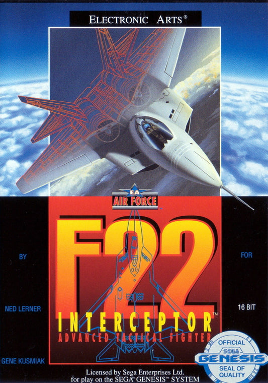 F-22 Interceptor Advanced Tactical Fighter for Sega Genesis, cover image for a combat flight simulation video game with jet fighter missions, aerial dogfighting, military combat, and tactical aviation gameplay