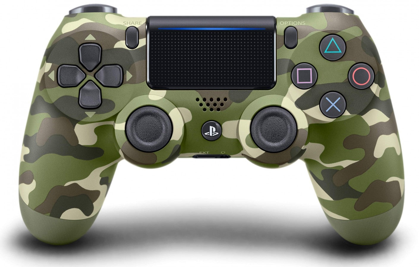 DualShock 4 Camo Green inspired design featuring wireless PlayStation controller aesthetic military camouflage finish ergonomic gaming controls precision thumbsticks responsive triggers modern console gaming accessory presentation front