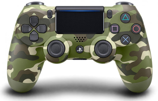 DualShock 4 Camo Green inspired design featuring wireless PlayStation controller aesthetic military camouflage finish ergonomic gaming controls precision thumbsticks responsive triggers modern console gaming accessory presentation front