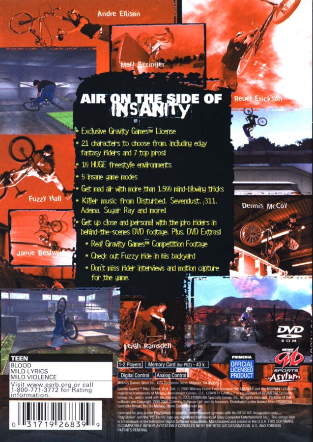 Gravity Games: Bike Street Vert Dirt back cover art for Playstation 2 (PS2) video game