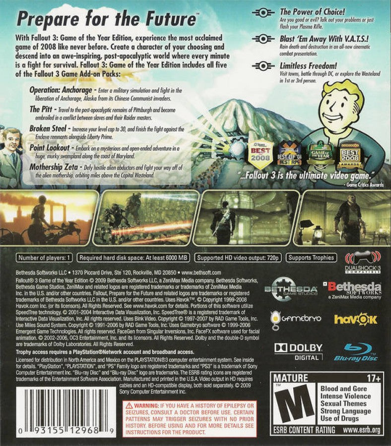 Fallout 3 Game of the Year Edition PlayStation 3 PS3 for action role playing video game fans featuring open world post apocalyptic exploration immersive wasteland adventure character customization tactical combat side quests downloadable content survival gameplay collectible gaming appeal back cover