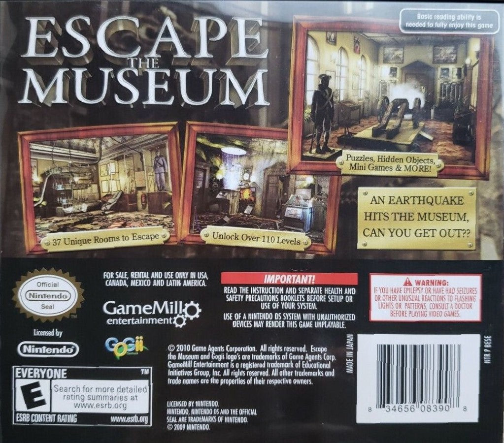 Escape the Museum Nintendo DS for puzzle adventure video game fans featuring hidden object gameplay museum exploration challenging puzzles touch screen controls artifact discovery mystery solving family friendly adventure brain teasing challenges collectible gaming appeal back cover art