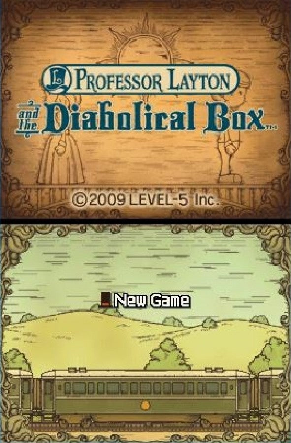 Professor Layton and the Diabolical Box Nintendo DS game featuring puzzle-solving adventure gameplay and story-driven mystery game title screen