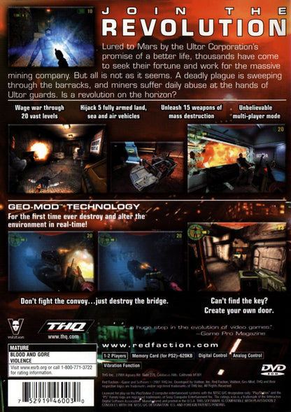 Red Faction PS2 Sony PlayStation 2 first person shooter sci fi action Mars rebellion Geo Mod destructible environments mining colony combat futuristic weapons Volition story campaign multiplayer retro gaming PlayStation 2 software video game title back cover art