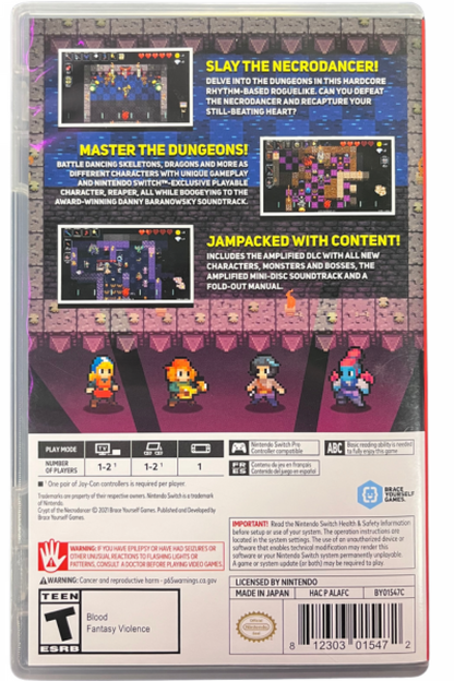Crypt of the NecroDancer Nintendo Switch Edition inspired design featuring rhythm based dungeon crawling adventure aesthetic music driven combat procedural exploration pixel art fantasy world energetic roguelike gameplay indie gaming presentation back cover art 