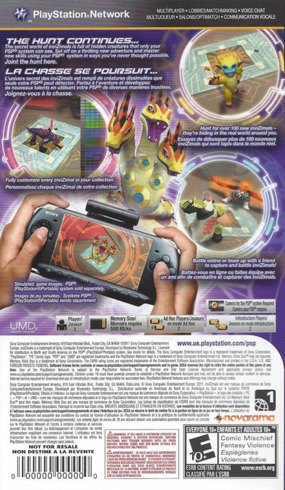Invizimals Shadow Zone PlayStation Portable PSP back of case for retro video game enthusiasts featuring augmented reality creature hunting gameplay monster collection and battles stealth exploration mechanics hidden world discovery systems and portable handheld interactive gaming experience and collectible gaming appeal