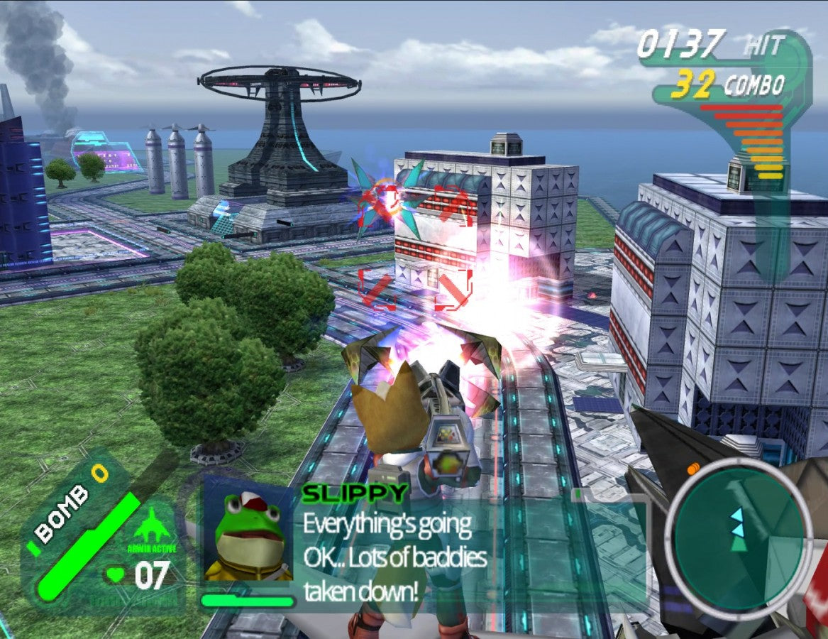 Gameplay for Star Fox Assault GameCube game featuring space combat, on-foot action, and classic Star Fox gameplay elements