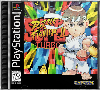 Cover art for Super Puzzle Fighter II Turbo PlayStation 1 game featuring competitive gem-matching puzzle gameplay with Capcom characters