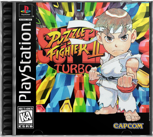 Cover art for Super Puzzle Fighter II Turbo PlayStation 1 game featuring competitive gem-matching puzzle gameplay with Capcom characters