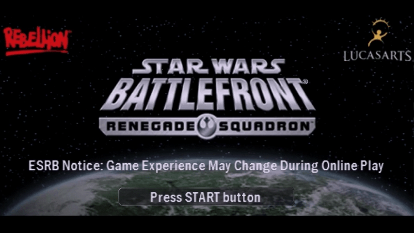 Star Wars Battlefront Renegade Squadron PlayStation Portable PSP video game, third-person shooter, large-scale sci-fi battles, Star Wars franchise title main menu title screen