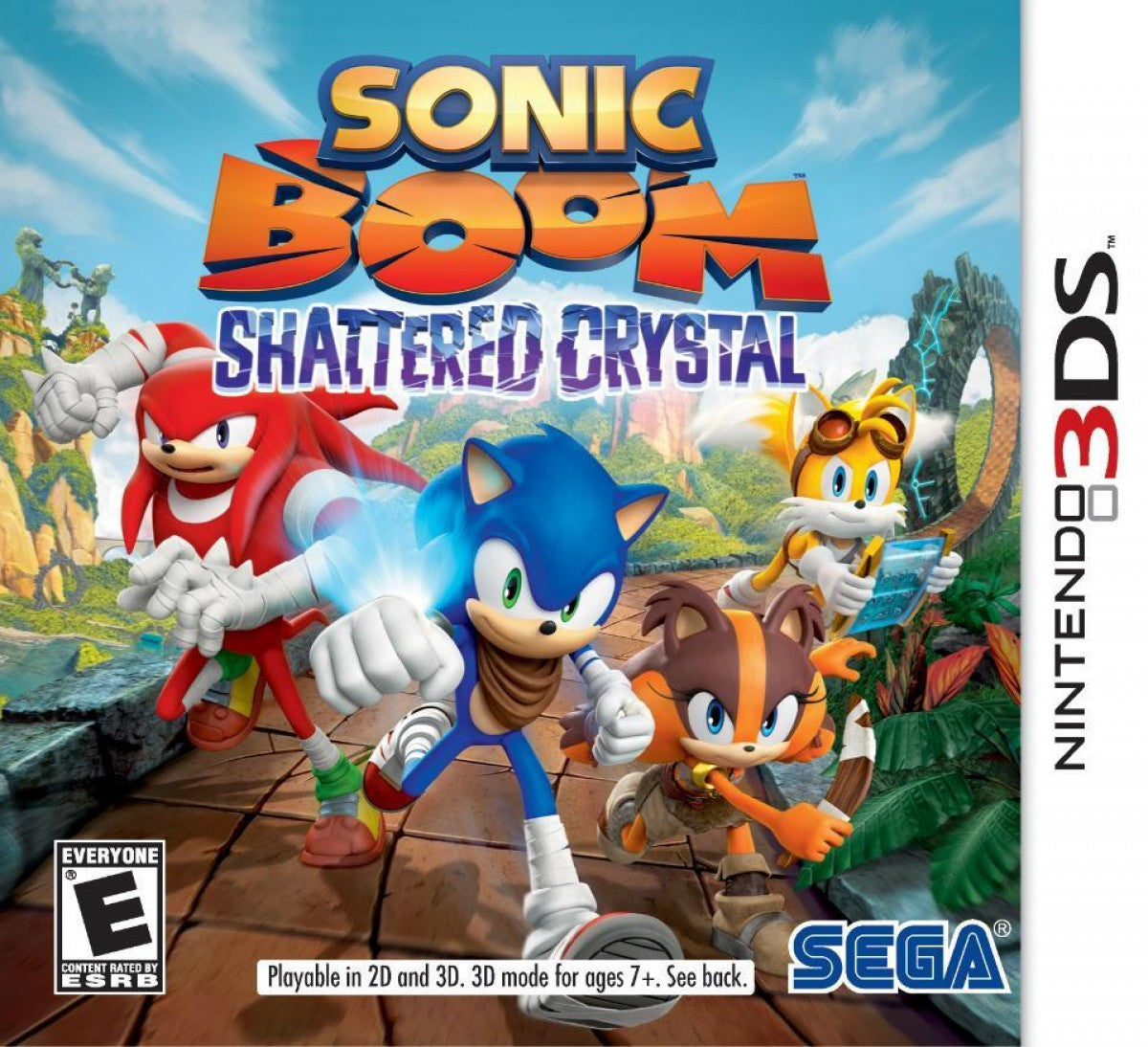 Sonic Boom Shattered Crystal Nintendo 3DS video game featuring action platforming gameplay Sonic the Hedgehog Tails Knuckles Amy Rose and Sticks high speed running exploration side scrolling adventure puzzle solving combat challenges collectible crystals hidden secrets and colorful island environments classic Nintendo 3DS gameplay retro video game collection collectible gaming appeal front cover art