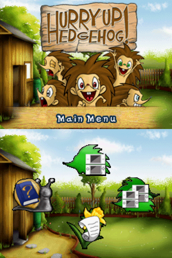 Hurry Up Hedgehog start screen for Nintendo DS (DS) puzzle board game video game