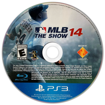 MLB 14 The Show PlayStation 3 PS3 video game, baseball sports simulation, realistic gameplay, multiplayer modes, Sony console title disc cover art
