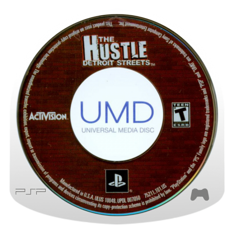 The Hustle Detroit Streets PlayStation Portable PSP disc for retro video game enthusiasts featuring street racing and urban crime gameplay open city driving missions underground racing culture vehicle customization systems story driven street competition and portable handheld arcade style gaming experience and collectible gaming appeal
