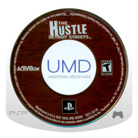 The Hustle Detroit Streets PlayStation Portable PSP disc for retro video game enthusiasts featuring street racing and urban crime gameplay open city driving missions underground racing culture vehicle customization systems story driven street competition and portable handheld arcade style gaming experience and collectible gaming appeal