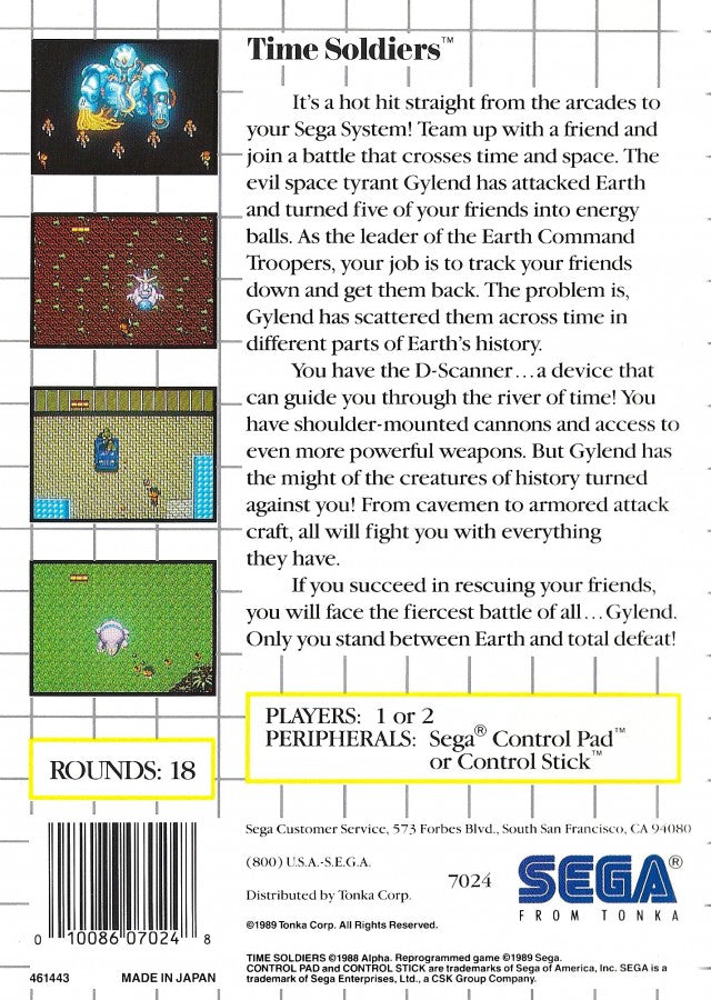 Time Soldiers Sega Master System SMS for arcade run and gun shooter video game fans featuring time travel action side scrolling combat historical battlefields enemy soldiers weapon upgrades power ups challenging stages boss battles and classic Sega Master System gameplay collectible retro gaming appeal back cover art