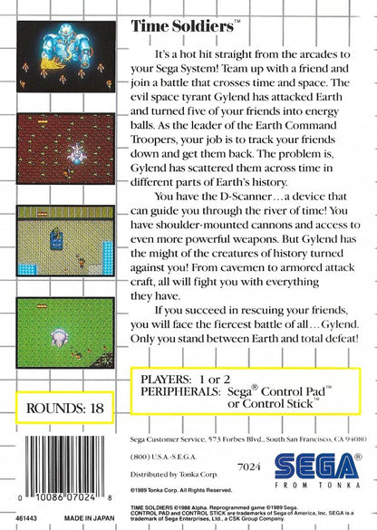 Time Soldiers Sega Master System SMS for arcade run and gun shooter video game fans featuring time travel action side scrolling combat historical battlefields enemy soldiers weapon upgrades power ups challenging stages boss battles and classic Sega Master System gameplay collectible retro gaming appeal back cover art