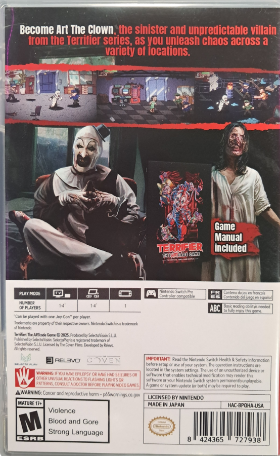 Terrifier The ARTcade Game Nintendo Switch for video game enthusiasts featuring side scrolling beat em up gameplay retro inspired pixel art brutal arcade action cooperative multiplayer horror themed levels Art the Clown and collectible gaming appeal back cover