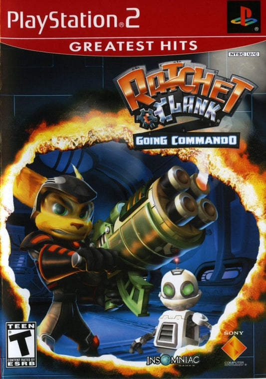 Ratchet and Clank Going Commando PS2 PlayStation 2 action platformer game sci fi adventure weapons upgrade system third person shooter gameplay retro video game cover art Greatest Hits edition