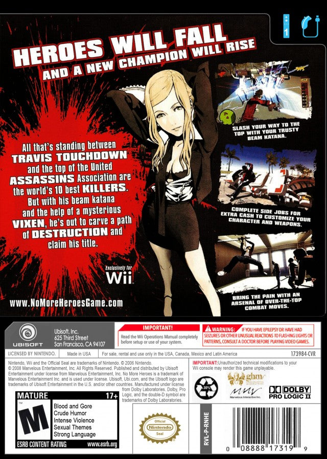 No More Heroes – Nintendo Wii (Wii) action-adventure hack and slash video game back of case