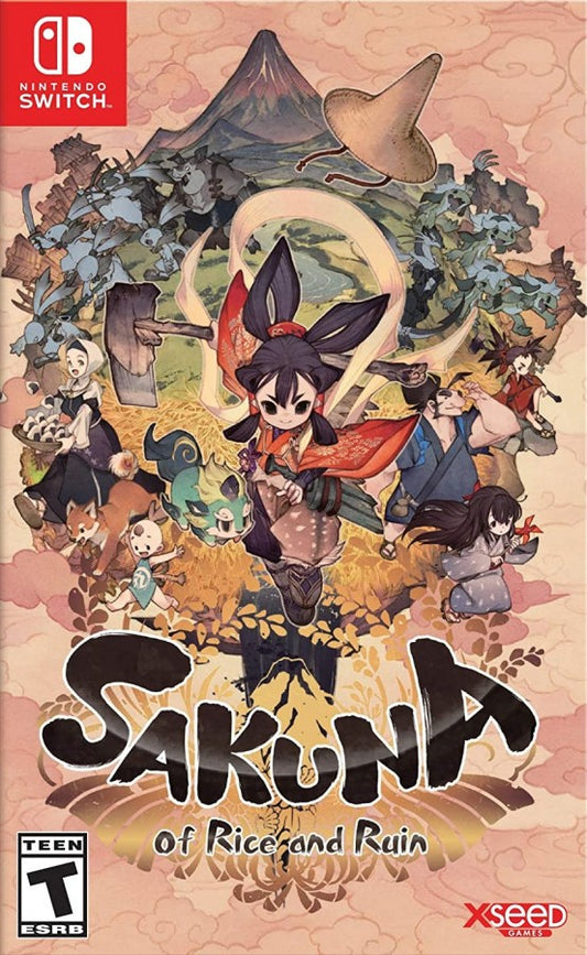Sakuna Of Rice and Ruin for Nintendo Switch action platformer and farming simulation game featuring side scrolling combat rice cultivation mechanics Japanese mythology setting and adventure gameplay cover