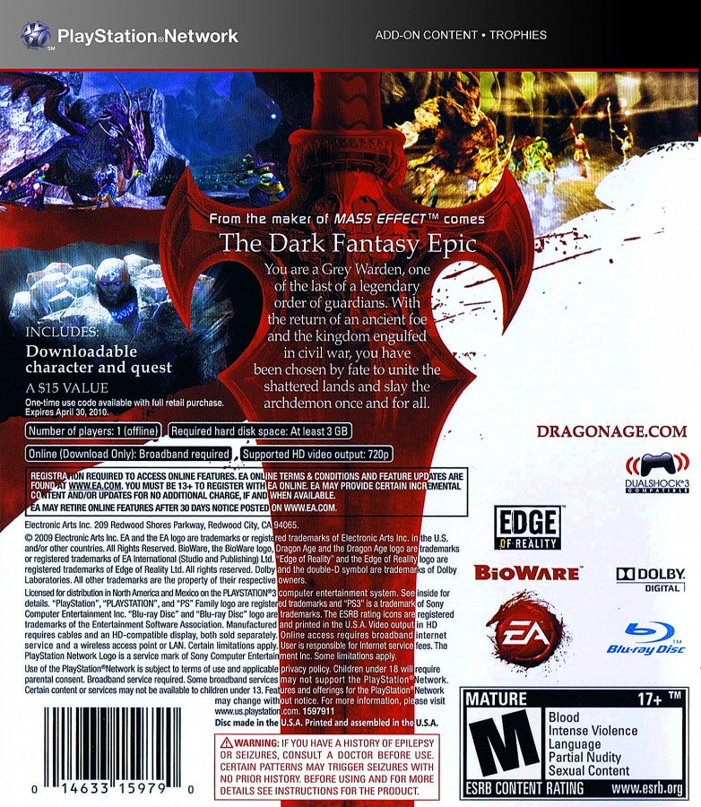 Dragon Age Origins back cover art for PlayStation 3 (PS3) video game