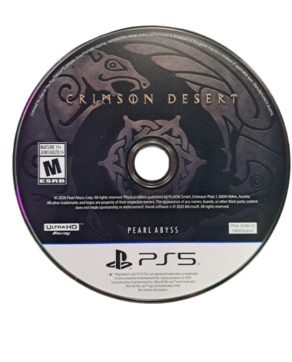 Crimson Desert PS5 inspired design featuring epic open world fantasy action adventure aesthetic vast medieval landscapes intense sword combat mythical creatures immersive exploration dynamic warfare cinematic next generation role playing experience presentation disc