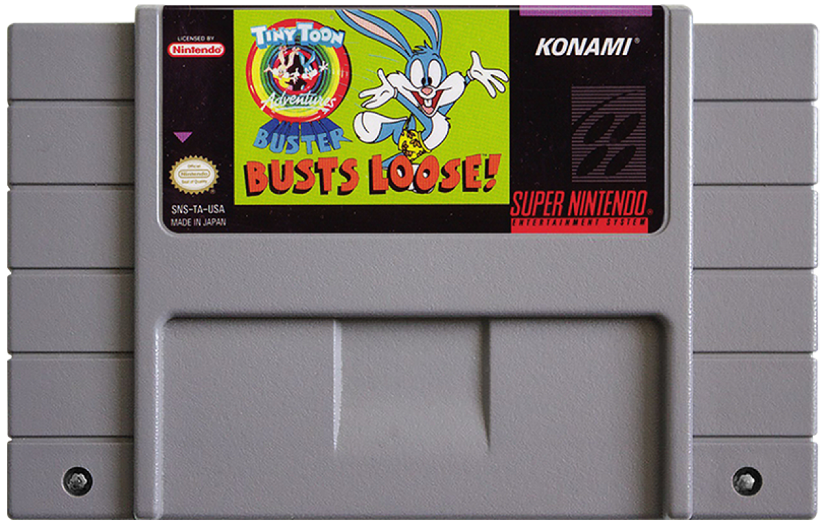 Buster Busts Loose game for the Super Nintendo Entertainment System featuring side scrolling platformer gameplay with cartoon style visuals fast paced levels special abilities and stages based on Tiny Toon Adventures starring Buster Bunny cartridge