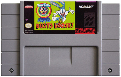 Buster Busts Loose game for the Super Nintendo Entertainment System featuring side scrolling platformer gameplay with cartoon style visuals fast paced levels special abilities and stages based on Tiny Toon Adventures starring Buster Bunny cartridge