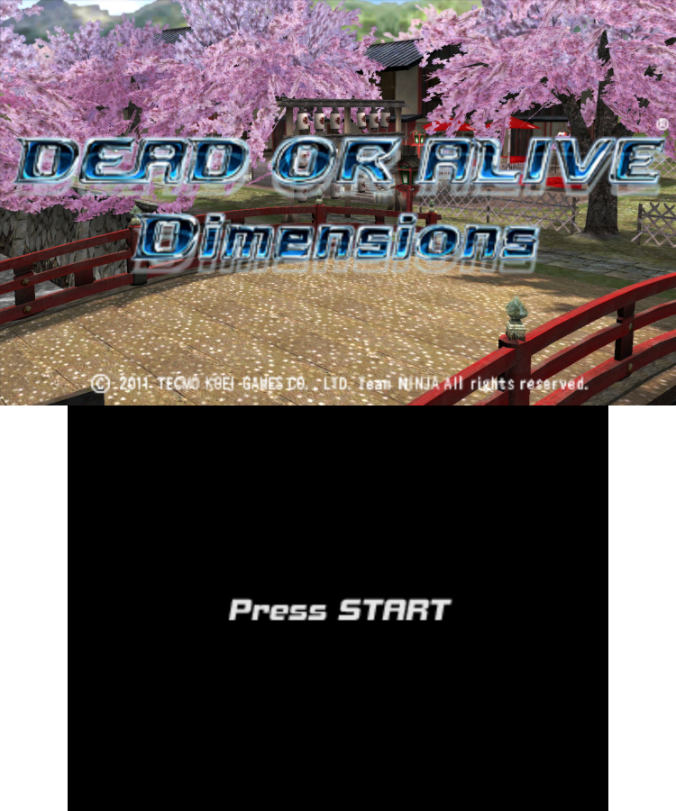 Dead or Alive: Dimensions start screen for Nintendo 3DS (3DS) fighting video game
