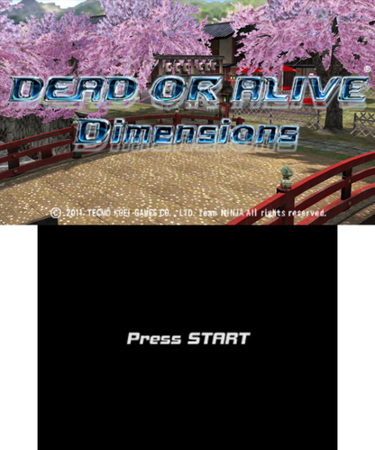 Dead or Alive: Dimensions start screen for Nintendo 3DS (3DS) fighting video game
