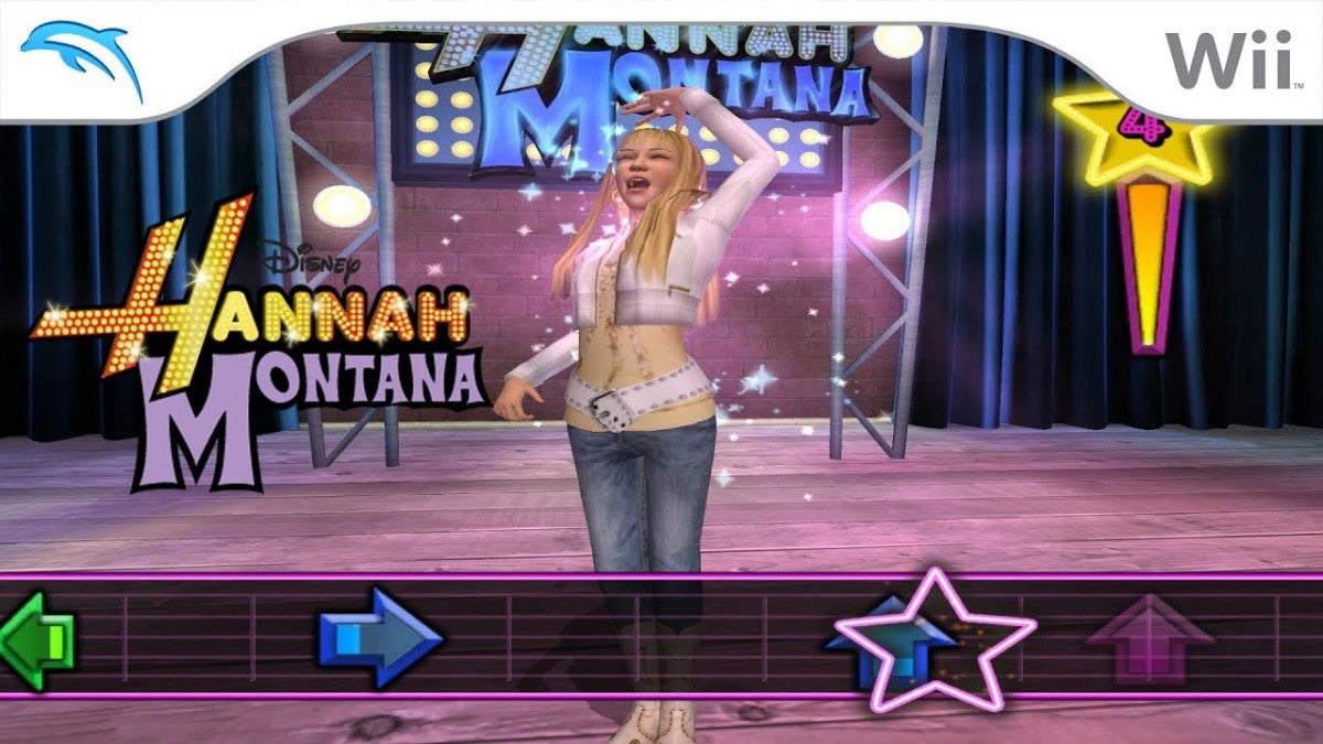 Hannah Montana Spotlight World Tour Wii inspired design featuring pop music performance adventure aesthetic concert stage excitement motion controlled gameplay singing and dancing routines colorful celebrity lifestyle family friendly entertainment nostalgic Nintendo Wii presentation gameplay