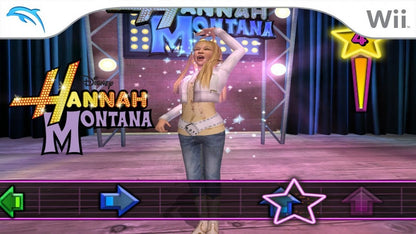 Hannah Montana Spotlight World Tour Wii inspired design featuring pop music performance adventure aesthetic concert stage excitement motion controlled gameplay singing and dancing routines colorful celebrity lifestyle family friendly entertainment nostalgic Nintendo Wii presentation gameplay